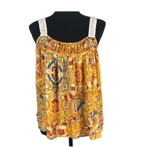 Rachel Zoe Boho Peasant Lace Strap Yellow & Pink Floral Print Flowy Festival Top